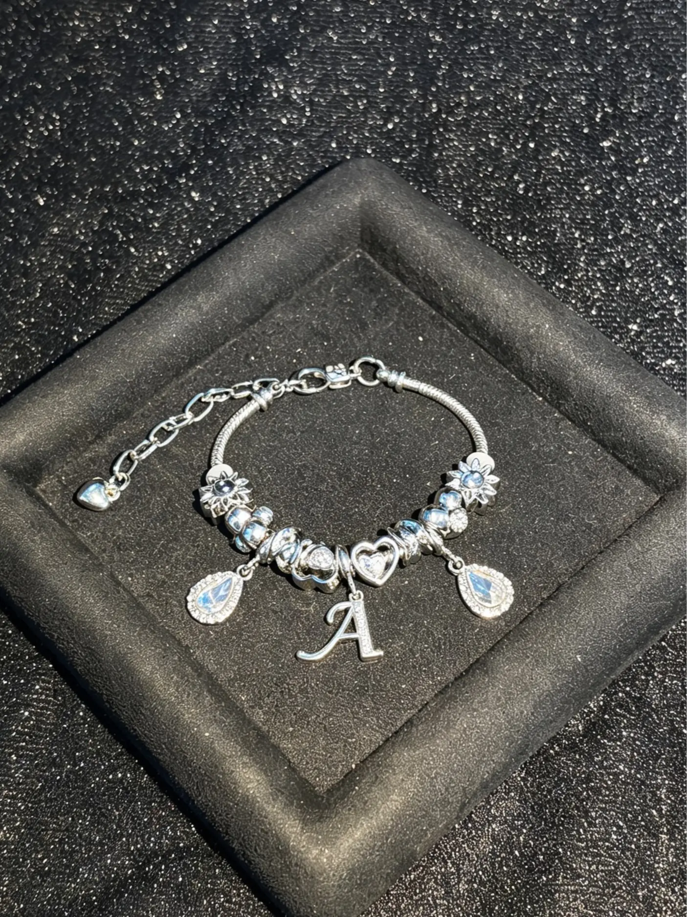 Women's Silver-tone Initial Charm Bracelet, A-Z Letter Snake Chain with Teardrop Crystal Dangles, Sunflower Large Hole Beads, Stackable Fashion Hand Jewelry Gift