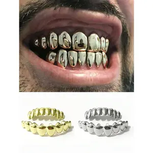 grillz High-Shine Tooth Grills Set 1 Set Popular Smooth Asymmetrical 8-Tooth Shiny Golden/Silver Top And Bottom Smooth Hip Hop Teeth Grillz, Adjustable Unisex Fit For Nightclub Party Stage Props, Holiday Gift