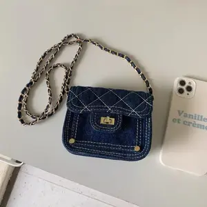 2025 New Casual Washed Denim Mini Earphone Bag Chain Decor Crossbody Bag Lipstick Bag for Women Trendy