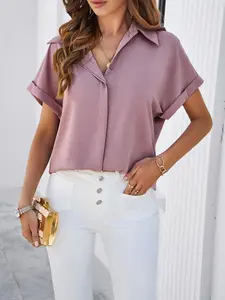 Women's Solid Color Shirt Blouse, Casual Short Sleeve Top for Summer, Women's Clothing for Daily Wear