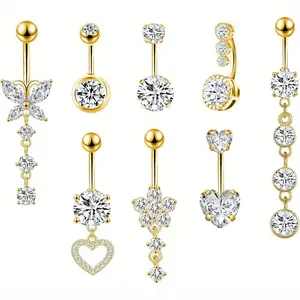 8pcs Belly Button Ring Dangle Stainless Steel Belly Rings 14G Belly Button Piercing Cute Navel Ring Belly Piercing Jewelry