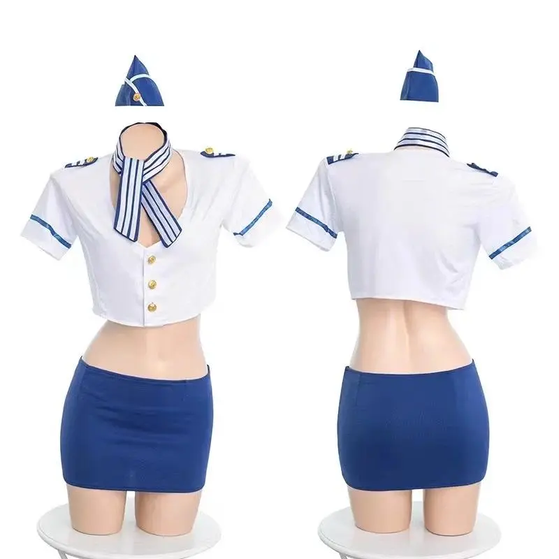 Women's Erotic Underwear Set - Cap-Sleeve Top, Short for Stewardess, Police Officer Role Play Cosplay (No Stocking) with Accessories