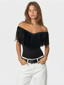 Fashionable Simple Versatile Slimming Casual Street Style Fringe Off-Shoulder Unique Top, Trendy and Comfortable Daily Wear