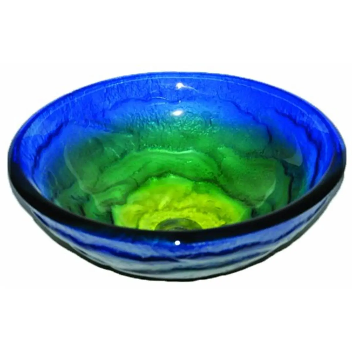 Novatto MARE Round Tempered Glass Vessel Sink, 16.5x5.75in, Blue-Yellow-Green Swirl, Above-Counter Bathroom Fixture, 1.75in Drain Opening, Durable Art-Function Design