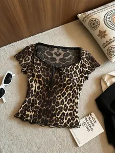 Leopard Print Mesh Short Sleeve Top, Square Neck Lace Edge Bow Design, Street Style Fitted Tee for Night Out, Party, Date, Daily Wear