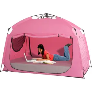 Indoor Instant Privacy Bed Tent for Sleeping,Quick Set-Up Bed Canopies,Portable Bed Drapes with Large Space and 3 Doors (Pink, Full) Yancheng Breda