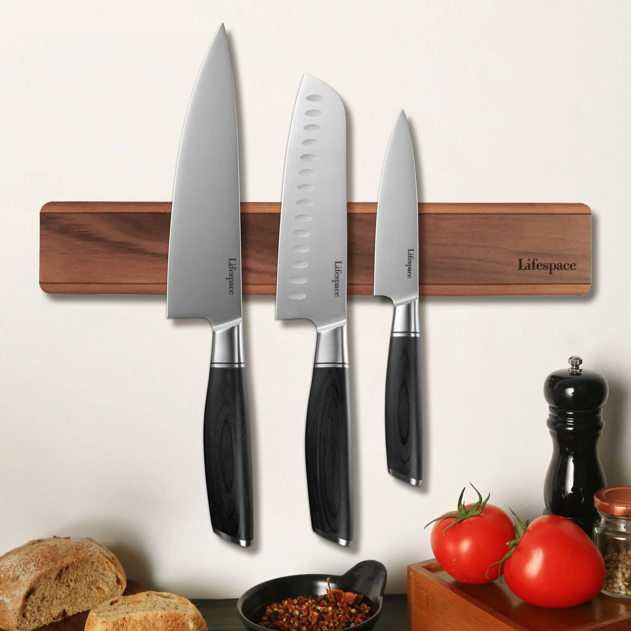 Lifespace Premium Wooden Magnetic Knife Block Set, Lightweight Wall-Mount Rack with Strong Magnets for Kitchen Knife Storage