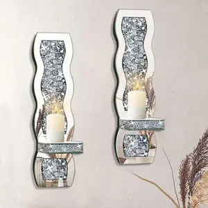 Crush  Candle Holder Set of 2, Wavy  Mirrored Wall Candle Sconces, Wall Decorations for Living Room, Dining Room, Bedroom