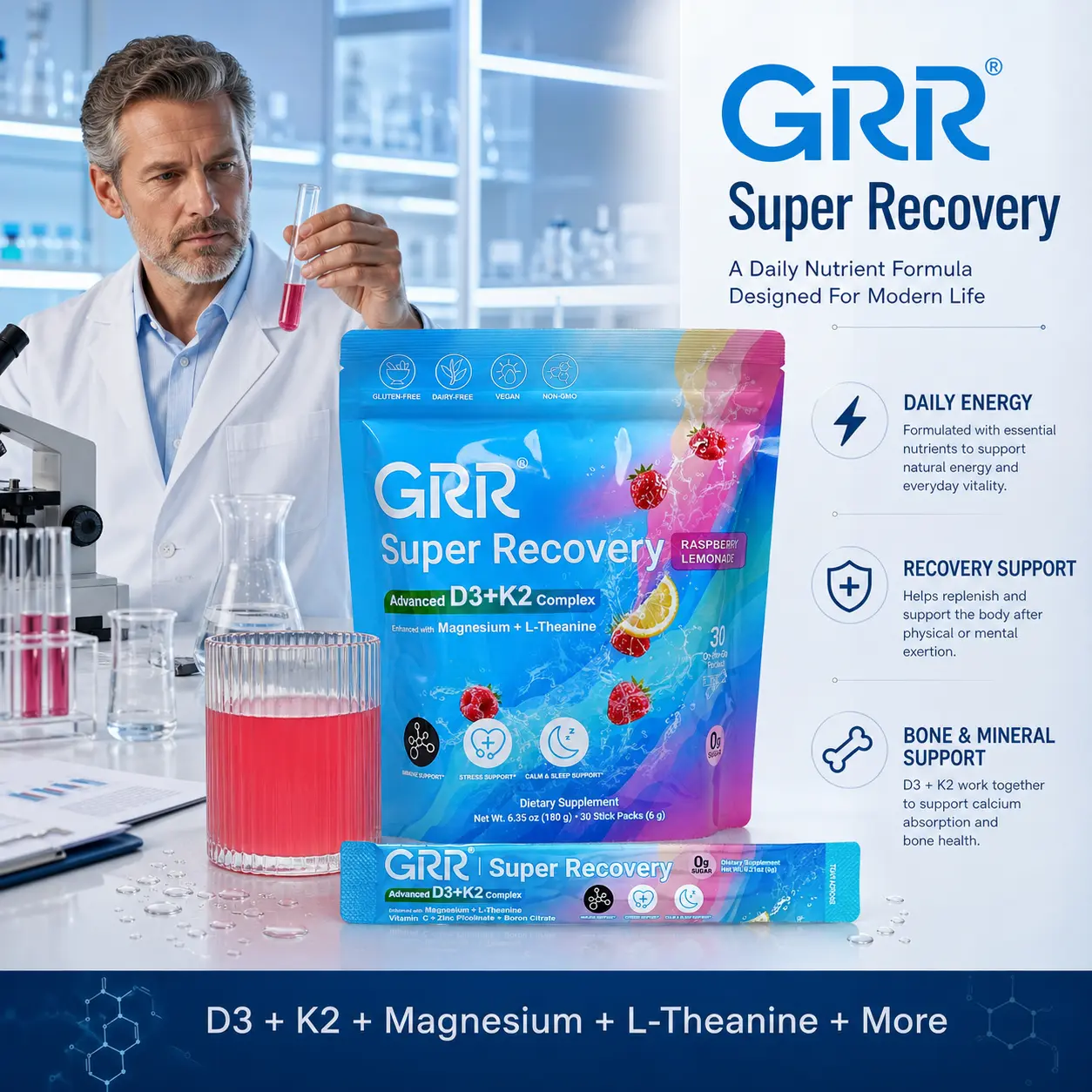 GRR Super Recovery D3+K2 Drink Mix | 5000 IU Vitamin D3, Magnesium & Zinc | Bone Strength, Immune Support & Daily Wellness | Raspberry Lemonade | 30 Stick Packs