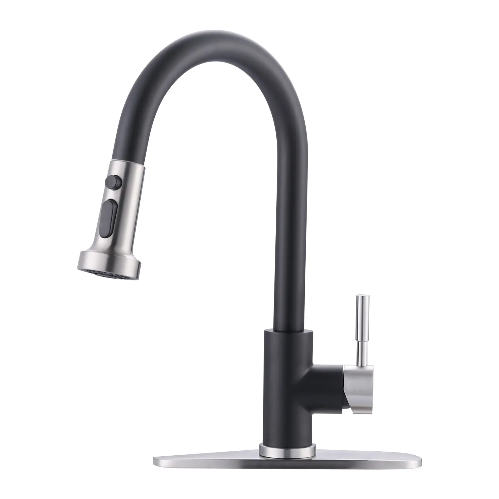 WOWOW Deck-Mount Stainless Steel Kitchen Faucet - Single Handle, French Country Style, Gooseneck Pull-Down Sprayer, Black & Brushed Nickel Finish, 360-Degree Swivel, Ceramic Valve, Steam Resistant, Pause Function, Easy to Operate, 1 or 3-Hole Installation