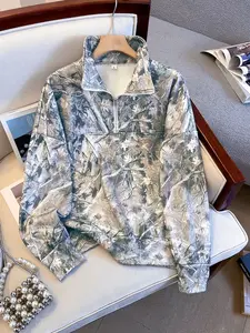 Women's Street Vintage Camo Camouflage Full Print Half Zip Long Sleeve Tops Hoodie Pullover Sweatshirts, Loose Fit Drop Shoulder, Fall & Winter Casual Wear