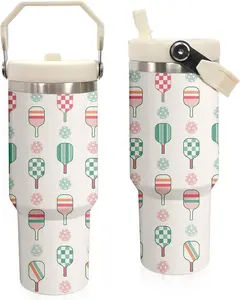 30 oz Tumbler with Handle Flip Straw Leak Proof - Pickleball Mug 30oz Tumbler Travel Coffee Mug with Handle - Birthday Gifts for Women Pickleball Lovers Players 30 Ounce Stainless Steel Cup