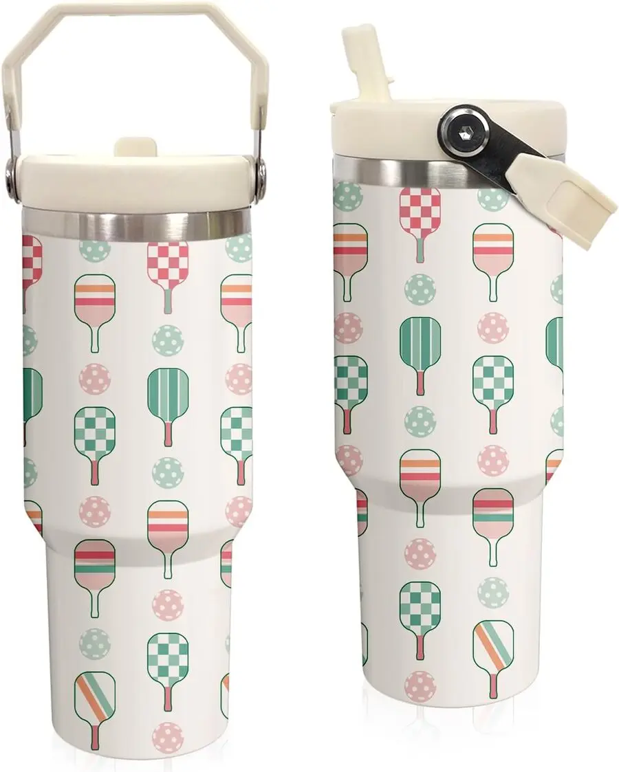 30 oz Insulated Stainless Steel Tumbler Drink Bottle - Leak-Proof Lid, Portable Handle, Flip Straw Coffee Cup, Pickleball Travel Mug, Birthday Gift for Pickleball Enthusiasts