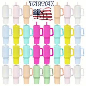 USA Warehouse 16-Pack 40 oz Portable Leak-Proof Macaron Sublimation Tumbler, Flip Straw Stainless Steel Travel Mug, Large Capacity Drinkware for Outdoor Sports, Best Value Gifts