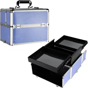 Ver Beauty Makeup Organizer, Cosmetic Travel Kit, Makeup Artist Supplies, 2 Sliding Trays, Lockable Storage Box, Makeup Train Case, Aluminum Case, Lightweight Makeup Vanity (Lavender Stripe)