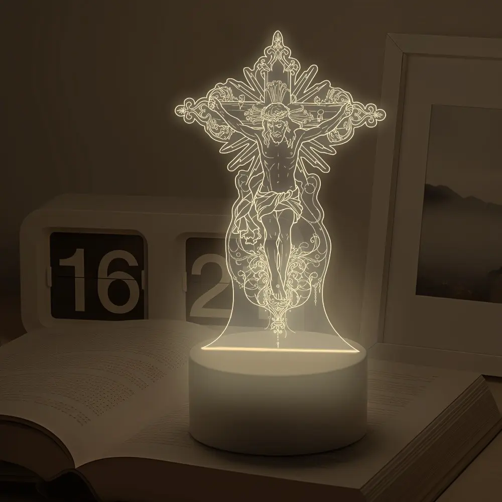 Jesus Crucifix Laser Engraved Warm Light Night Lamp, Christian Bedroom Prayer Room Ambiance Light, Christmas Baptism Easter Gift