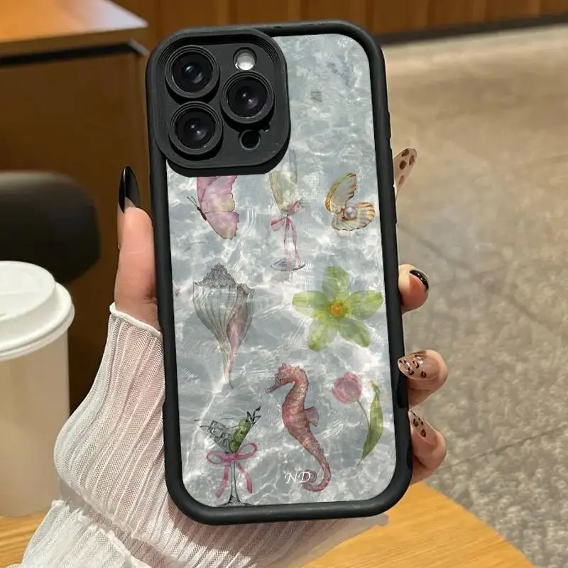 Ocean-themed collage seashell and seahorse pattern phone case. Compatible with iPhone 17 Pro Max/16 Pro Max/15 Plus/14/13/12/11, TPU soft case. Compatible with Galaxy S26 Ultra/S25 Plus/S24/S23, Dopamine color. Compatible with Galaxy A54/A53/A33/A15.