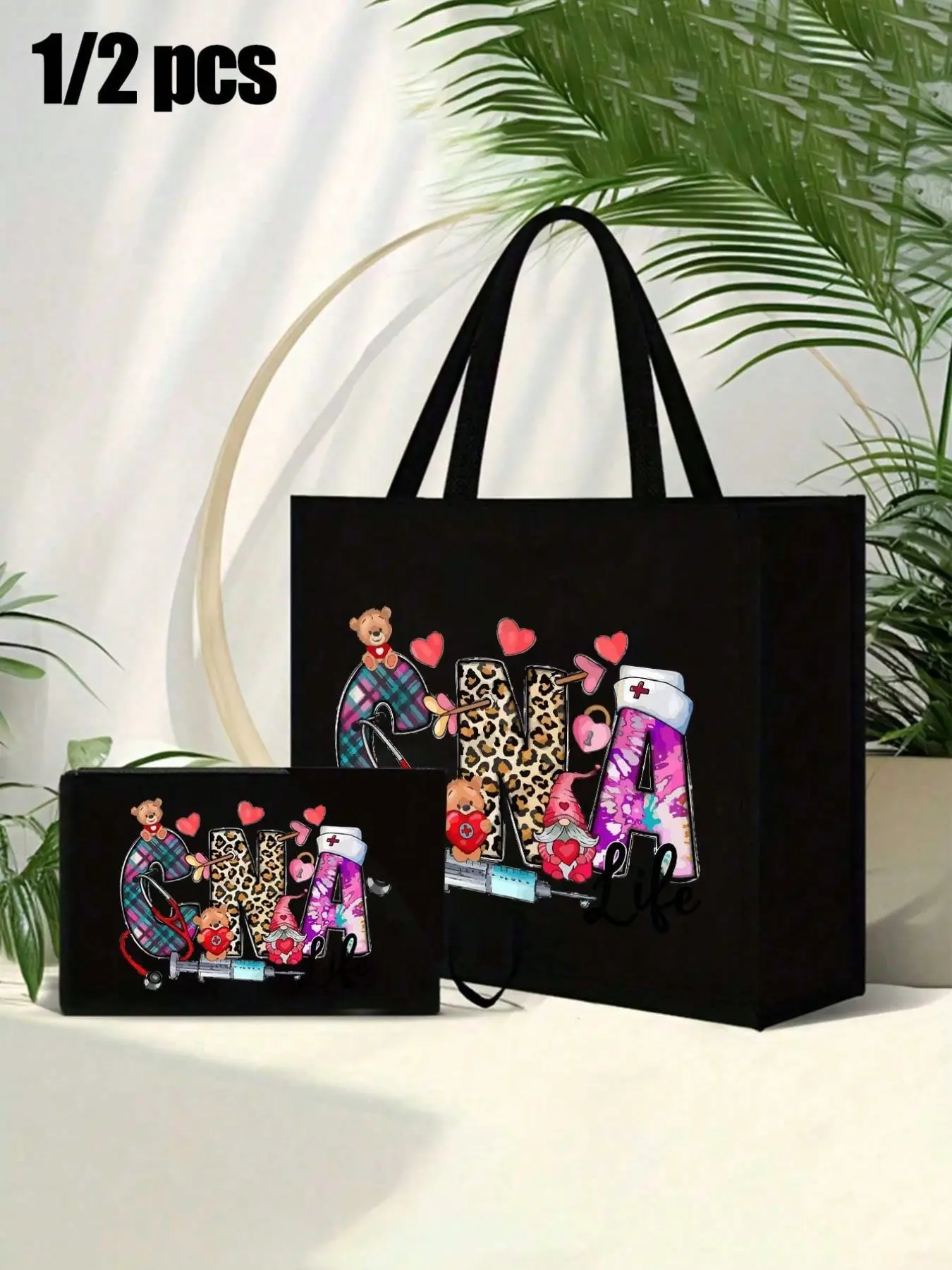 CNA Print Tote Bag Set with Makeup Bag, Suitable for Women, Nurse-Themed Large Capacity Travel Storage Bag, Commuter Shoulder Bag, Durable Fixed Shoulder Strap, Reusable, Stylish Versatile Bag, Ideal for Commuting and Travel