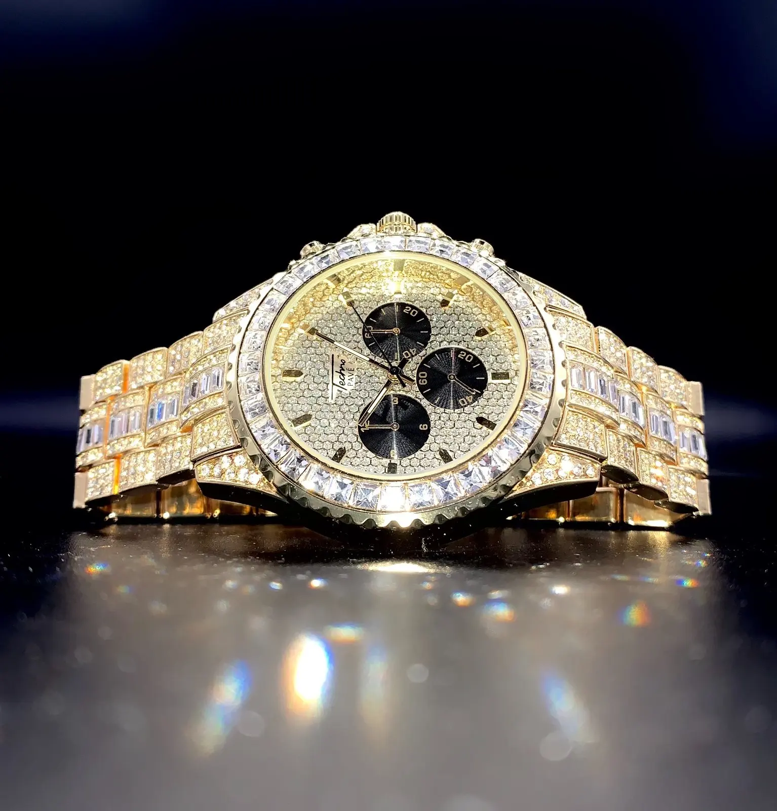 MaxBling81 Men's 46mm Luxury Gold-Framed Quartz Analog Wristwatch - All-Metal, Diamond-Embellished, Shiny Timepiece with CZ Iced Band, Octagon Bezel, Arabic Dial, All-Metal Quartz Watches, Diamond-Embellished Quartz Watches