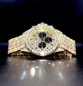 MaxBling81 Men's 46mm Luxury Gold-Framed Quartz Analog Wristwatch - All-Metal, Diamond-Embellished, Shiny Timepiece with CZ Iced Band, Octagon Bezel, Arabic Dial, All-Metal Quartz Watches, Diamond-Embellished Quartz Watches