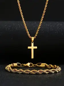 2PC Fashion Stainless Steel Cross Pendant Twisted Chain Necklace & Twist Chain Bracelet Set - Unisex - Minimalist Versatile Jewelry - Perfect for All Season Wear, Everyday Wear and Holiday Parties - Hypoallergenic, Water-Resistant, and Fade-Resistant