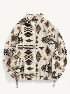 Women's Tribal Print Drawstring Drop Shoulder Zip Up Plush Coat, Casual Stand Collar Long Sleeve Outerwear, Women Clothing for Fall & Winter