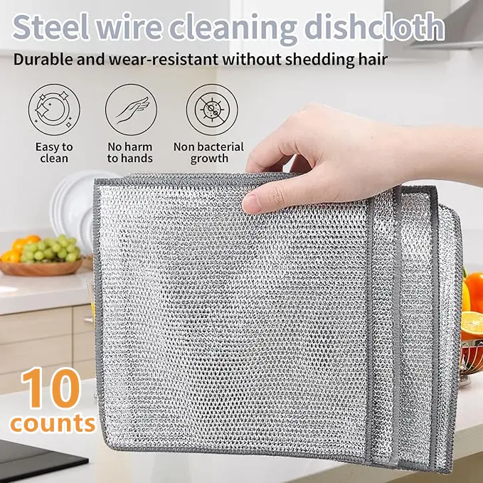 10-Count Scratch-Resistant Wire Sponges - Double-Layered Durable Polyester Metal Scrubbers, Removable, Washable Multipurpose Kitchen Cleaning Tools for Wet/Dry Clean Use