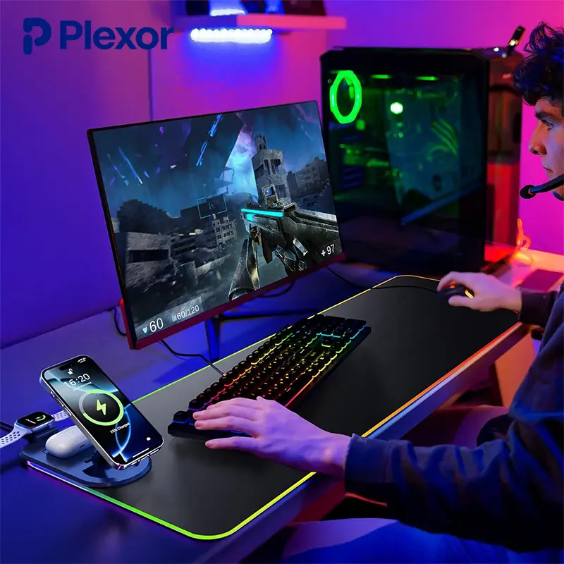 Mouse Pad with Phone Holder 4in1 Wireless Charging Desk Mat RGB Ultra-Smooth Gaming Mousepad Waterproof Home Office Large Desk Pad 31.5"x11.8" Non-Slip Base Keyboard Pad