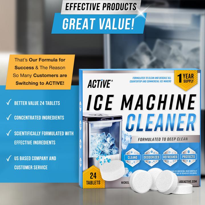Ice Machine Cleaner Maker Descaler - 24 ACTIVE Clean Tablets Compatible with Frigidaire, Opal, GE Profile, Kitchenaid, Nickel Safe Scale Remover for Countertop, Nugget Ice Makers  Bulk 1 Year Supply