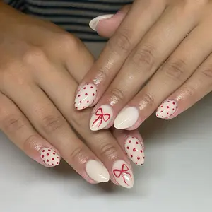 24pcs Short Bow Polka Dot Fake Nails, Glossy Squoval Shape, Spring Summer Wear, Cute Sweet Style, Nail Art Design for Women Girls