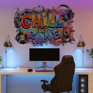 Chill Out Zone Wall Sticker, Self-Adhesive PVC Material, Modern Style, Glossy Finish, Irregular Shape, Ideal for Game Room, Bedroom, Home Decor