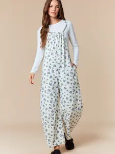 Floral Printed Denim Strap Overall Jumpsuit