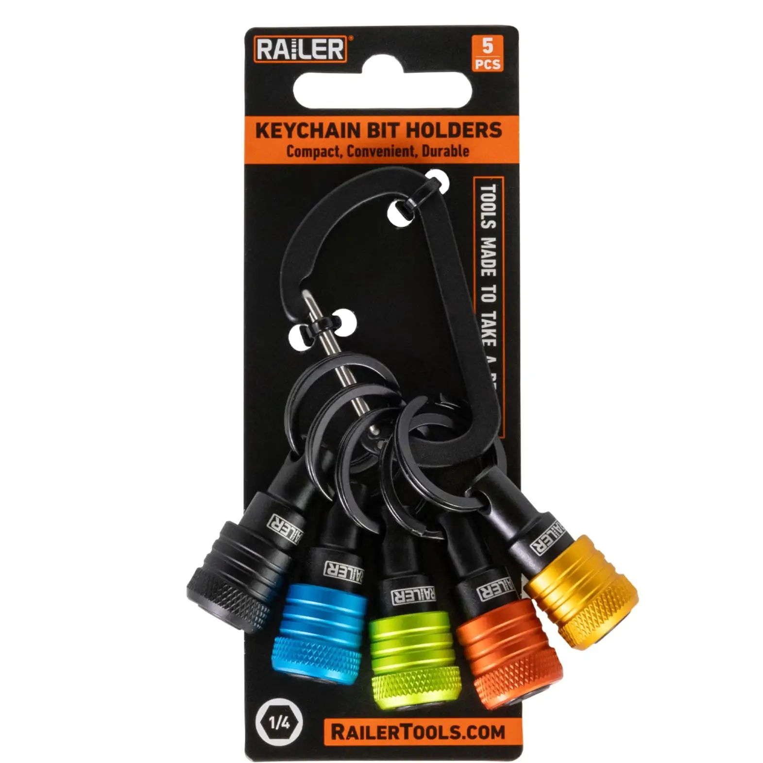 Railer Bit Holder Keychain 5pc - 1/4 inch Hex Shank Bit Holders - Quick Release Bit Holder For Nut Driver, Screwdriver & Drill Bits w / Carabiner chri