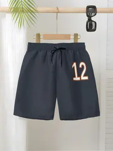 Boys' Simple Cool Short Pants, 3D Full-Print Number 12 Drawstring Casual Shorts, Summer Slim-Fitting All over Print