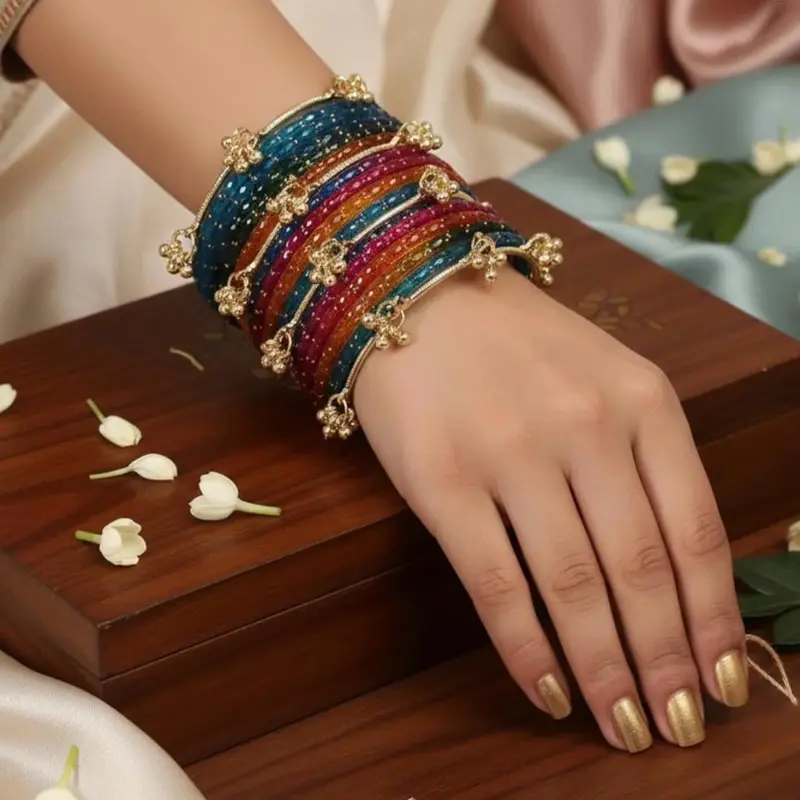 Multi 2.8 Rainbow Glass Bangles with Ghungru Vibrant Colors for Festivals Weddings Everyday Wear Traditional Aesthetic