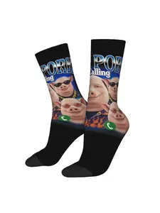 1 Pair Funny Crazy Sock for Men Funny John Pork is Calling John Pork Meme Hip Hop Harajuku Happy Seamless Pattern Printed Crew compression Sock Novelty Gift