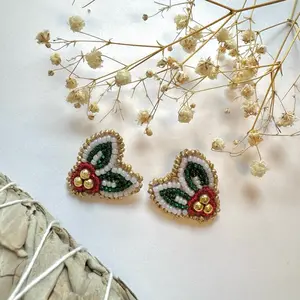 Green Holly Beaded Stud Earrings