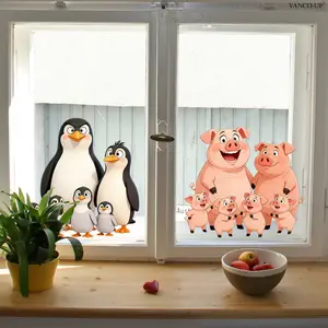 2Pcs/Set (3030cm2pcs) Cartoon Pig & Penguin Window Stickers, Static Cling Glass Window Decor Stickers for Kids Room Home Decor