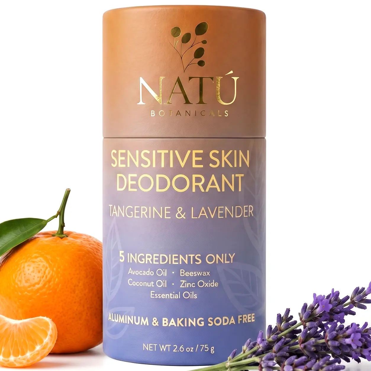 Natú Botanicals Tangerine & Lavender Sensitive Skin Deodorant | Aluminum Free & Baking Soda Free | 25 hour Protection