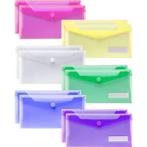 Sooez Small Plastic Envelopes, 12 Plastic Pouch with Label Pocket, Pencil Pouch, Reusable Envelopes,Pencil Case Bulk, Money Envelopes, 9.4 x 4.7 Inches