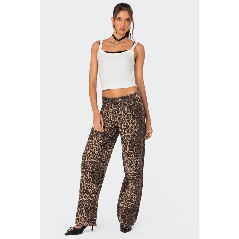 Leopard Printed Low Rise Baggy Jeans