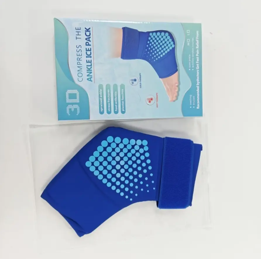 Blue Ankle Ice Pack Wrap, Reusable Gel Cold Warm Compress for Foot, Heel & Ankle Comfort, Lycra Fabric, Adjustable Strap, M/L Sizes