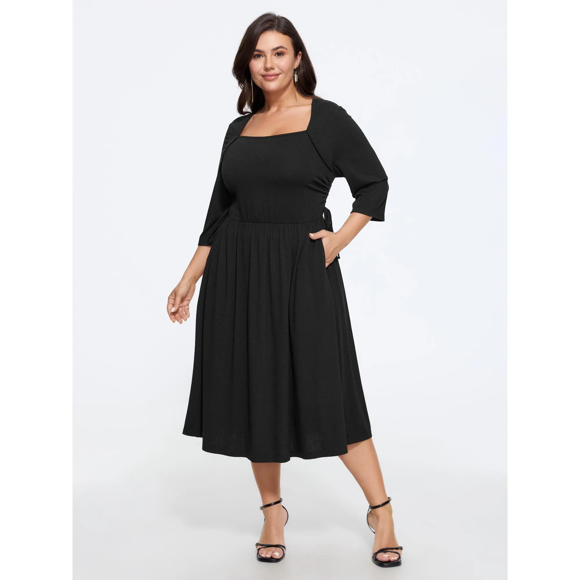 BloomChic Women's Plus Size Supersoft Casual Midi Dress, Polyester Spandex Fit with Square Neck, 3/4 Sleeves & Adjustable Side Tie, Pocket, Garment, Basic, Lady