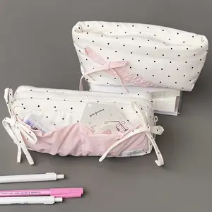 Cute Polka Dot Bow Pencil Case White With Pink Accessories Large Capacity Zipper Pencil Bag Student Stationery School Supplies