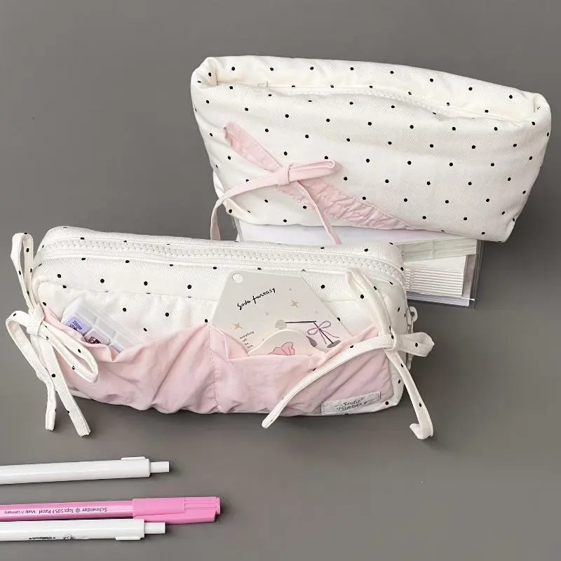 Polyester Durable Zippered Pencil Case - 19x5x8 cm Large Capacity, Polka Dot Sweetheart Bow Design, White with Pink Accessories, Daily Makeup & Stationery Organizer, Student Home Storage Bag, Cute School Supplies, Zippered Closure