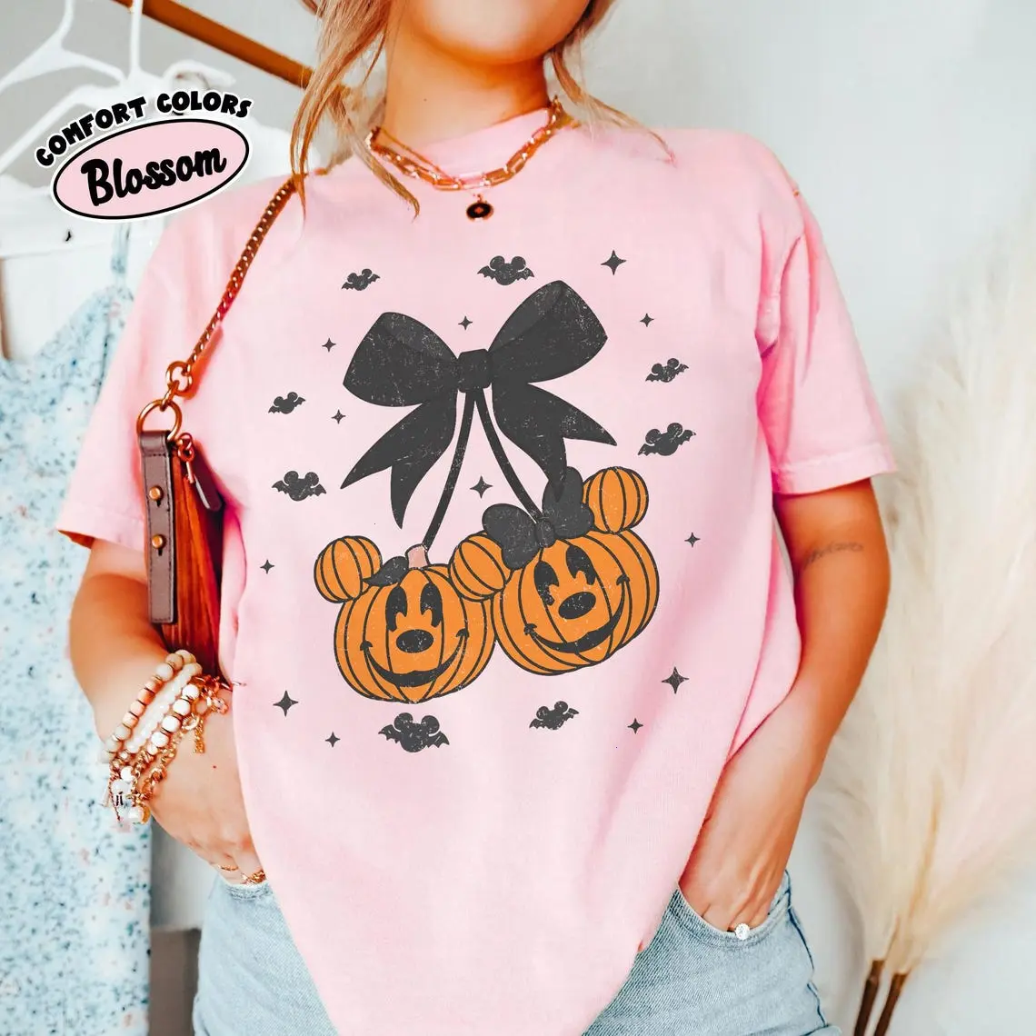 Coquette Bow Pumpkin Mickey Minnie Halloween T-Shirt, Comfort Colors Ivory Graphic Tee, Cute Spooky Season Shirt, Fall Aesthetic Unisex Apparel