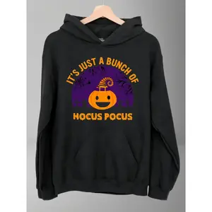 Women's Halloween Hoodie - "It's Just a Bunch of Hocus Pocus" Witch & Pumpkin Graphic Hooded Long Sleeve Retro Punk Style Hoodie for Themed Parties & Casual Wear