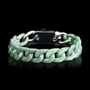 High-end Natural Jadeite Bean Green Cuban Chain Bracelet, Simple And Fashionable Titanium Steel Jade Necklace For Men And Women