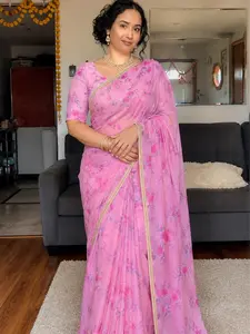 Floral Saree with Heavy Pearls Border- Comes with Stitched blouse 34 size, Petticoat, Saree Broch. Falls and pico done.