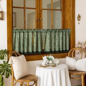 1pc Country Style Rod Pocket Coffee Curtain, Lace Embroidered Fringe Short Curtains, Semi-Transparent Window Shade for Kitchen Windows, Room Decor Curtain, Home Decoration Curtain